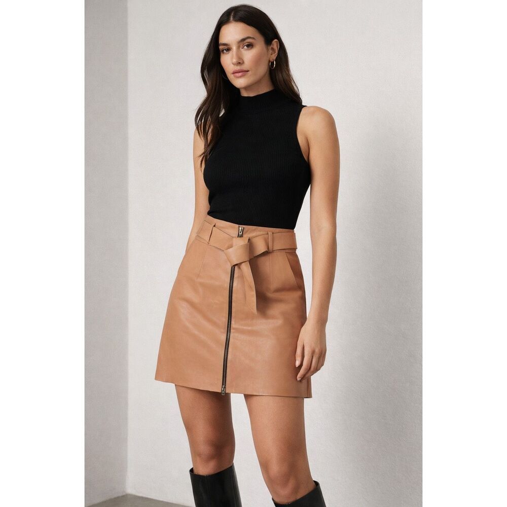 Flannel Australia Leather Mini Skirt Belted Zip Front Tan/Camel Size S